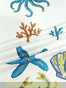 Resyla [印花設計] 女款休閒夏季海洋元素圖案刺繡短袖T恤 - 白色 - 查看 4