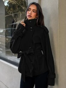 Aloruh 女款街頭風鈕扣長袖優雅休閒夾克 - 黑色 - 查看 8