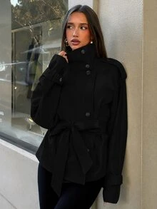 Aloruh 女款街頭風鈕扣長袖優雅休閒夾克 - 黑色 - 查看 7