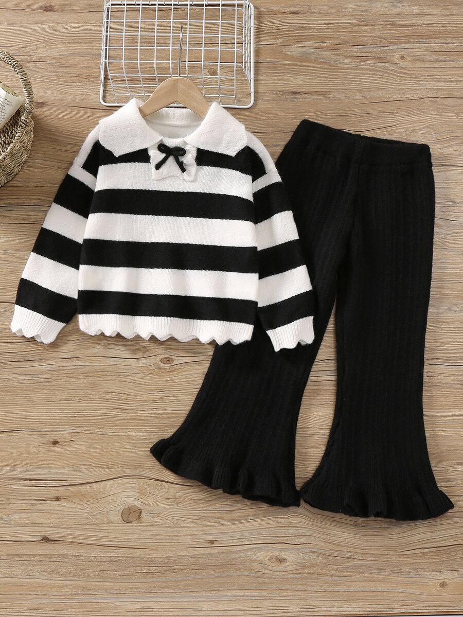 Young Girls' Sweater Two Pieces Set,White Striped Knitted Top With Ruffled Textured Pants For School Girl,Back-To-School Autumn Casual Outfit - Black and White - View 1