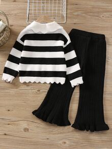 Young Girls' Sweater Two Pieces Set,White Striped Knitted Top With Ruffled Textured Pants For School Girl,Back-To-School Autumn Casual Outfit - Black and White - View 2