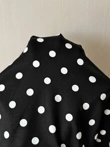 SHEIN EZwear Women's Casual Comfortable Half Collar Black Background White Polka Dot Autumn Winter Long Sleeve Thin Jacket - Black and White - View 3