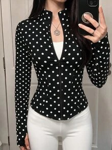 SHEIN EZwear Women's Casual Comfortable Half Collar Black Background White Polka Dot Autumn Winter Long Sleeve Thin Jacket - Black and White - View 1