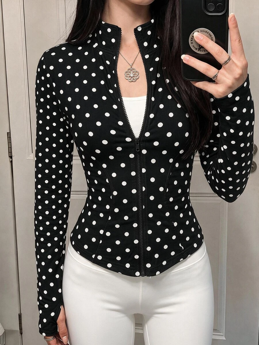SHEIN EZwear Women's Casual Comfortable Half Collar Black Background White Polka Dot Autumn Winter Long Sleeve Thin Jacket - Black and White - View 1