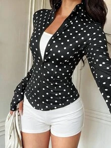 SHEIN EZwear Women's Casual Comfortable Half Collar Black Background White Polka Dot Autumn Winter Long Sleeve Thin Jacket - Black and White - View 10