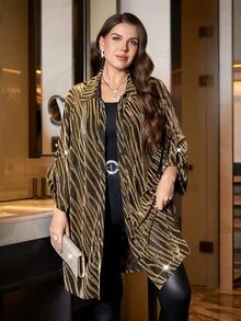 Reflora 大尺碼女款斑馬紋捲袖單排扣長版時尚襯衫，黑色與金色，適合聖誕派對正式場合，夏季優雅 - 金色 - 查看 6