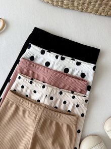 SHEIN LMoss Kids 女嬰休閒可愛百搭針織波點愛心圖案鬆緊腰長褲 5件套，僅含長褲，不含上衣 - 彩色 - 查看 4