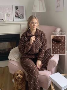 CovetEZ Women's Korean Style Comfortable Jacquard Zipper Long Sleeve Jacket - Brown - View 2