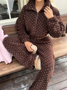 CovetEZ Women's Korean Style Comfortable Jacquard Zipper Long Sleeve Jacket - Brown - View 4