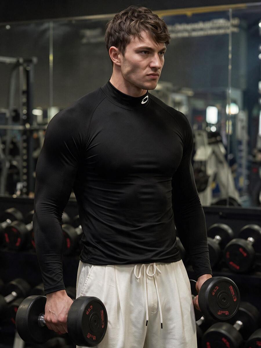 GymBeat Men's Graphic Print Stand Collar Raglan Long Sleeve Black Sports T-Shirt, Spring/Autumn, Gym - Multicolor - View 1