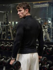 GymBeat Men's Graphic Print Stand Collar Raglan Long Sleeve Black Sports T-Shirt, Spring/Autumn, Gym - Multicolor - View 6