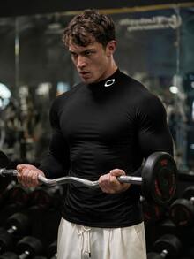 GymBeat Men's Graphic Print Stand Collar Raglan Long Sleeve Black Sports T-Shirt, Spring/Autumn, Gym - Multicolor - View 3