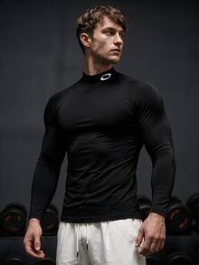 GymBeat Men's Graphic Print Stand Collar Raglan Long Sleeve Black Sports T-Shirt, Spring/Autumn, Gym - Multicolor - View 5