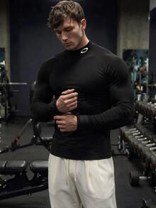 GymBeat Men's Graphic Print Stand Collar Raglan Long Sleeve Black Sports T-Shirt, Spring/Autumn, Gym - Multicolor - View 4