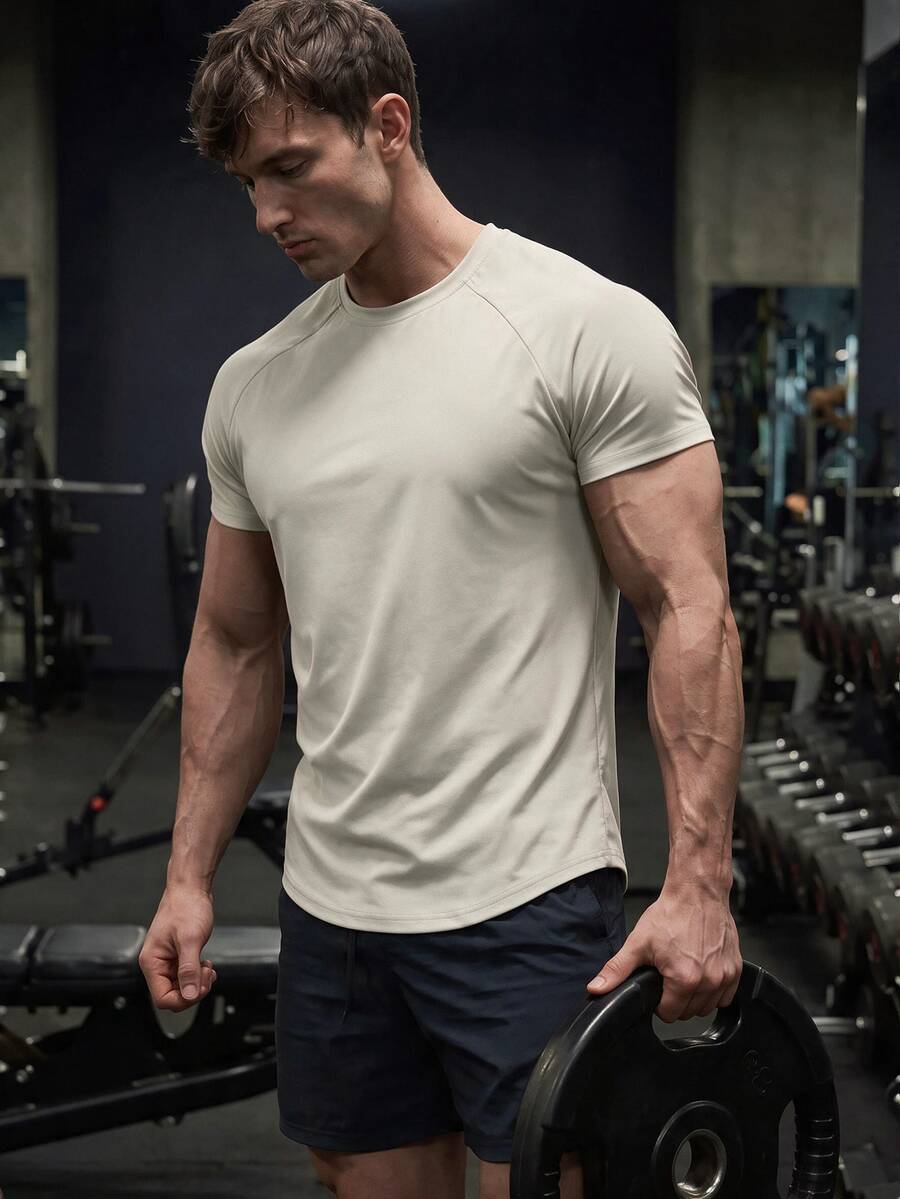GymBeat Manfinity Fitness Men's Raglan Sleeve Sports Tee,Light Grey Summer Athleisure Gym Workout Tops,Fitted Short Sleeve Basketball Jersey,Breathable Shirt - Apricot - View 1
