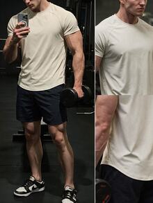 GymBeat Manfinity Fitness Men's Raglan Sleeve Sports Tee,Light Grey Summer Athleisure Gym Workout Tops,Fitted Short Sleeve Basketball Jersey,Breathable Shirt - Apricot - View 3