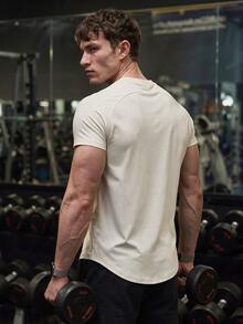 GymBeat Manfinity Fitness Men's Raglan Sleeve Sports Tee,Light Grey Summer Athleisure Gym Workout Tops,Fitted Short Sleeve Basketball Jersey,Breathable Shirt - Apricot - View 2