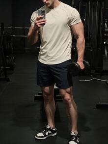 GymBeat Manfinity Fitness Men's Raglan Sleeve Sports Tee,Light Grey Summer Athleisure Gym Workout Tops,Fitted Short Sleeve Basketball Jersey,Breathable Shirt - Apricot - View 7