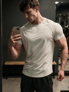 GymBeat Manfinity Fitness Men's Raglan Sleeve Sports Tee,Light Grey Summer Athleisure Gym Workout Tops,Fitted Short Sleeve Basketball Jersey,Breathable Shirt - Apricot - View 6