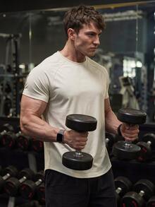 GymBeat Manfinity Fitness Men's Raglan Sleeve Sports Tee,Light Grey Summer Athleisure Gym Workout Tops,Fitted Short Sleeve Basketball Jersey,Breathable Shirt - Apricot - View 4