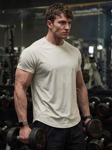 GymBeat Manfinity Fitness Men's Raglan Sleeve Sports Tee,Light Grey Summer Athleisure Gym Workout Tops,Fitted Short Sleeve Basketball Jersey,Breathable Shirt - Apricot - View 5