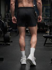 GymBeat Boyfriend Style Men Letter Graphic Drawstring Waist Split Hem Sports Stretchy Shorts Gym Shorts, Lightweight - Black - View 7