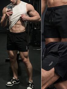 GymBeat Boyfriend Style Men Letter Graphic Drawstring Waist Split Hem Sports Stretchy Shorts Gym Shorts, Lightweight - Black - View 3