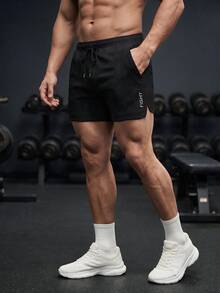 GymBeat Boyfriend Style Men Letter Graphic Drawstring Waist Split Hem Sports Stretchy Shorts Gym Shorts, Lightweight - Black - View 4