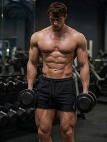 GymBeat Boyfriend Style Men Letter Graphic Drawstring Waist Split Hem Sports Stretchy Shorts Gym Shorts, Lightweight - Black - View 5