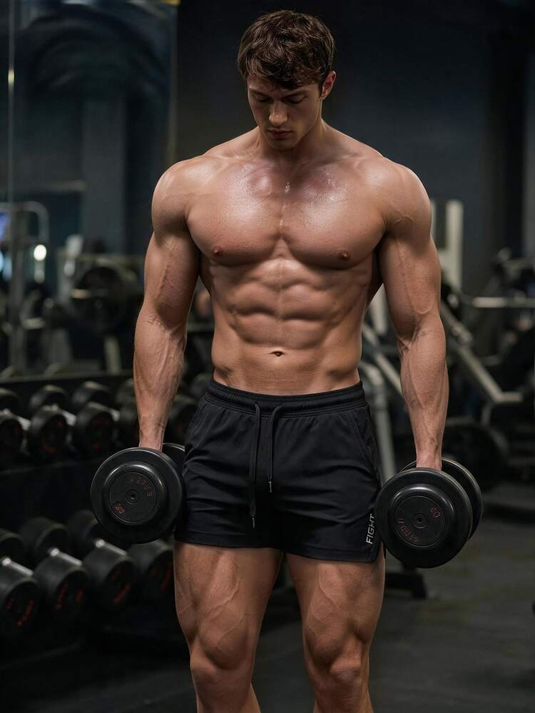 GymBeat 男友风男士字母印花抽绳腰带开衩运动弹力短裤健身短裤，轻便 - 黑色 - 查看 5