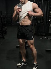 GymBeat Boyfriend Style Men Letter Graphic Drawstring Waist Split Hem Sports Stretchy Shorts Gym Shorts, Lightweight - Black - View 6