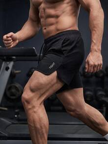 GymBeat Boyfriend Style Men Letter Graphic Drawstring Waist Split Hem Sports Stretchy Shorts Gym Shorts, Lightweight - Black - View 2