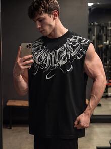 GymBeat 男士夏季休闲街头字母印花运动背心 - 黑色 - 查看 4