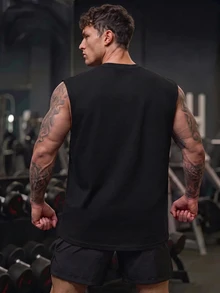 GymBeat 男士夏季休闲街头字母印花运动背心 - 黑色 - 查看 2
