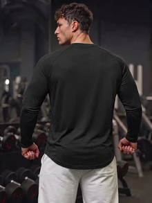 GymBeat Boyfriend Style Men Solid Raglan Sleeve Curved Hem Sports Tee Long Sleeve Workout Tops Fall Fall Breathable, Lightweight, Gym - Black - View 2