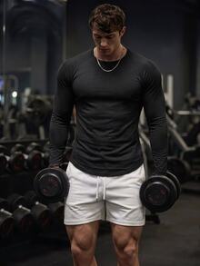 GymBeat Boyfriend Style Men Solid Raglan Sleeve Curved Hem Sports Tee Long Sleeve Workout Tops Fall Fall Breathable, Lightweight, Gym - Black - View 5