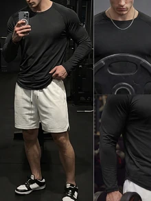 GymBeat Boyfriend Style Men Solid Raglan Sleeve Curved Hem Sports Tee Long Sleeve Workout Tops Fall Fall Breathable, Lightweight, Gym - Black - View 6