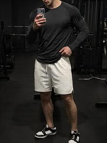 GymBeat Boyfriend Style Men Solid Raglan Sleeve Curved Hem Sports Tee Long Sleeve Workout Tops Fall Fall Breathable, Lightweight, Gym - Black - View 7