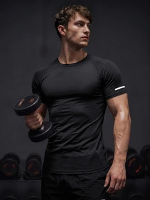 GymBeat Men's Stretchy Fashion Logo T-Shirt, Holiday Gift Compression Shirt Men, Gym - Black - View 5