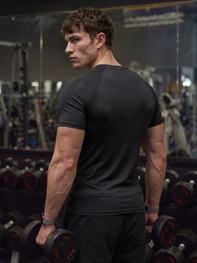 GymBeat Men's Stretchy Fashion Logo T-Shirt, Holiday Gift Compression Shirt Men, Gym - Black - View 2