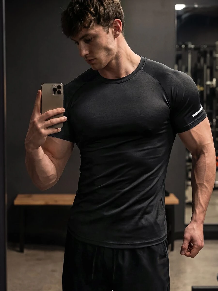 GymBeat Men's Stretchy Fashion Logo T-Shirt, Holiday Gift Compression Shirt Men, Gym - Black - View 1