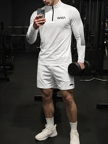 GymBeat 男士字母图案四分之一拉链运动夹克/健身上衣，返校季健身上衣，秋季透气吸汗超柔软四分之一拉链简约设计修身运动夹克/压缩衣，轻便 - 白色 - 查看 7
