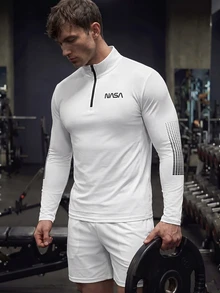 GymBeat 男士字母图案四分之一拉链运动夹克/健身上衣，返校季健身上衣，秋季透气吸汗超柔软四分之一拉链简约设计修身运动夹克/压缩衣，轻便 - 白色 - 查看 3