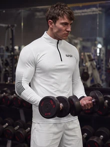 GymBeat 男士字母图案四分之一拉链运动夹克/健身上衣，返校季健身上衣，秋季透气吸汗超柔软四分之一拉链简约设计修身运动夹克/压缩衣，轻便 - 白色 - 查看 4