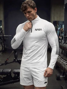 GymBeat 男士字母图案四分之一拉链运动夹克/健身上衣，返校季健身上衣，秋季透气吸汗超柔软四分之一拉链简约设计修身运动夹克/压缩衣，轻便 - 白色 - 查看 1