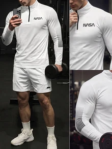 GymBeat 男士字母图案四分之一拉链运动夹克/健身上衣，返校季健身上衣，秋季透气吸汗超柔软四分之一拉链简约设计修身运动夹克/压缩衣，轻便 - 白色 - 查看 6