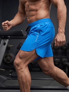 GymBeat Men's Front Lace-Up Letter Print Pocket Casual Sports Shorts,Sweat-Wicking Breathable Lightweight Side Slits Minimalist Road Running Gym Performance - Blue - View 2