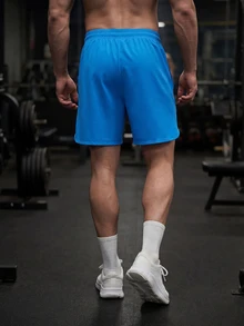GymBeat Men's Front Lace-Up Letter Print Pocket Casual Sports Shorts,Sweat-Wicking Breathable Lightweight Side Slits Minimalist Road Running Gym Performance - Blue - View 6