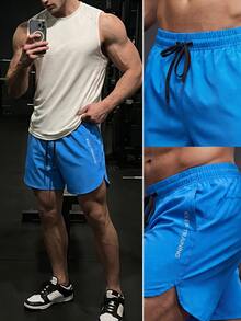GymBeat Men's Front Lace-Up Letter Print Pocket Casual Sports Shorts,Sweat-Wicking Breathable Lightweight Side Slits Minimalist Road Running Gym Performance - Blue - View 3