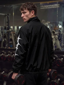 GymBeat Men's Minimalist Printed Zip-Up Long Sleeve Sports Jacket, Gym - Black - View 3